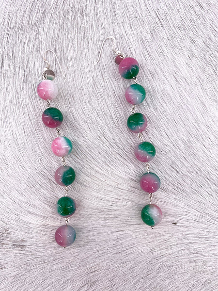 Green and Pink Marble Pearl String Earrings